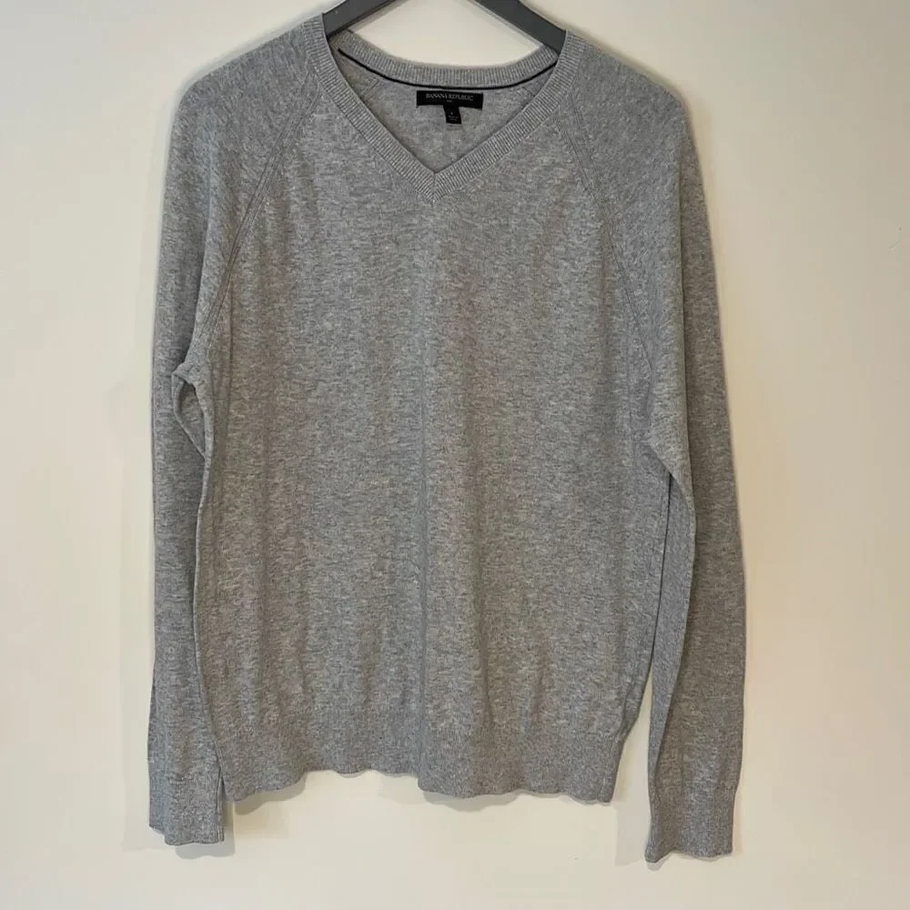 Banana Republic Men's V-Neck Sweater Pullover Rib‎ Knit Cotton Size Large Gray